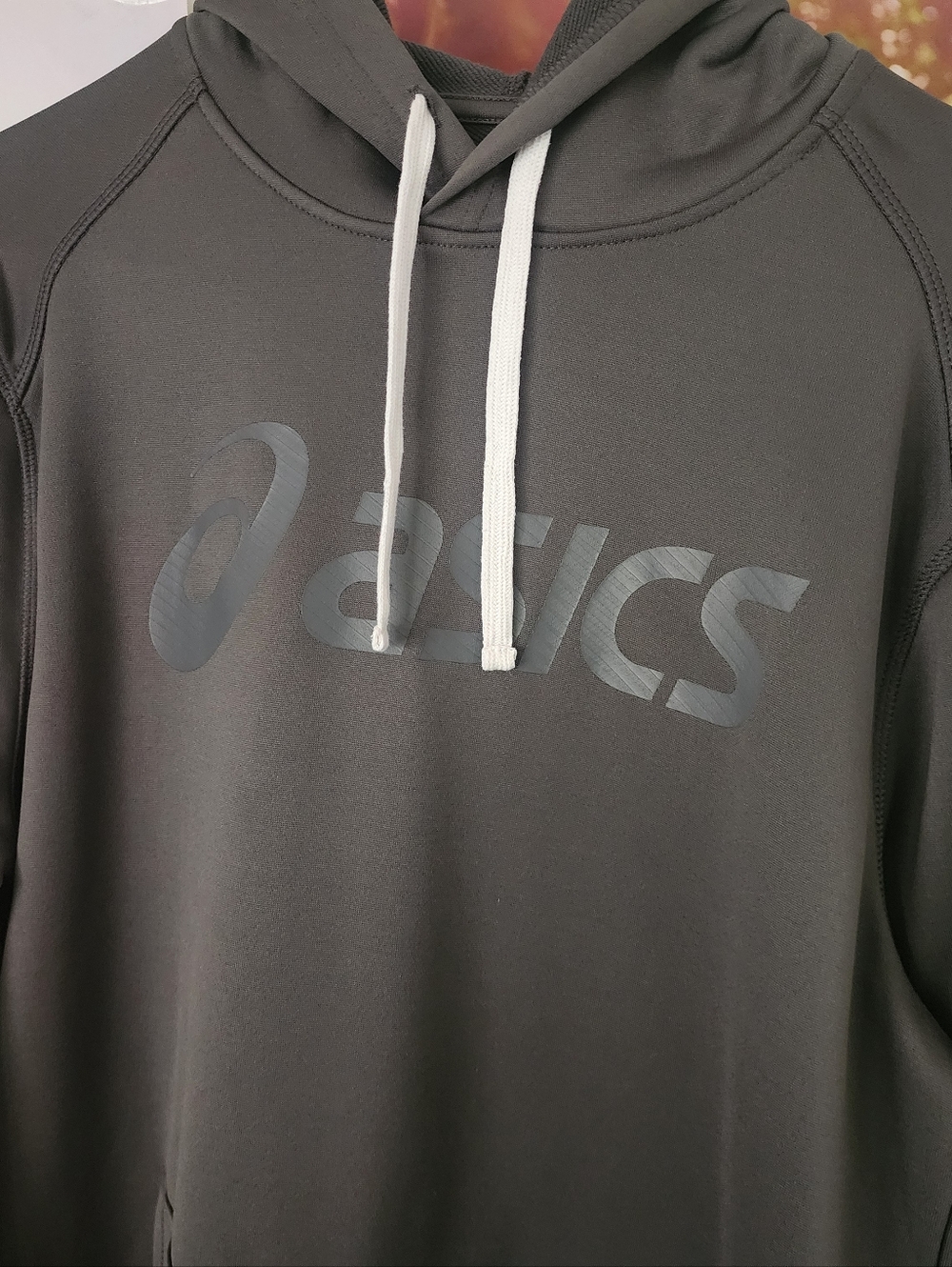 Asics Men's Charcoal Hoodie with White Drawstrings